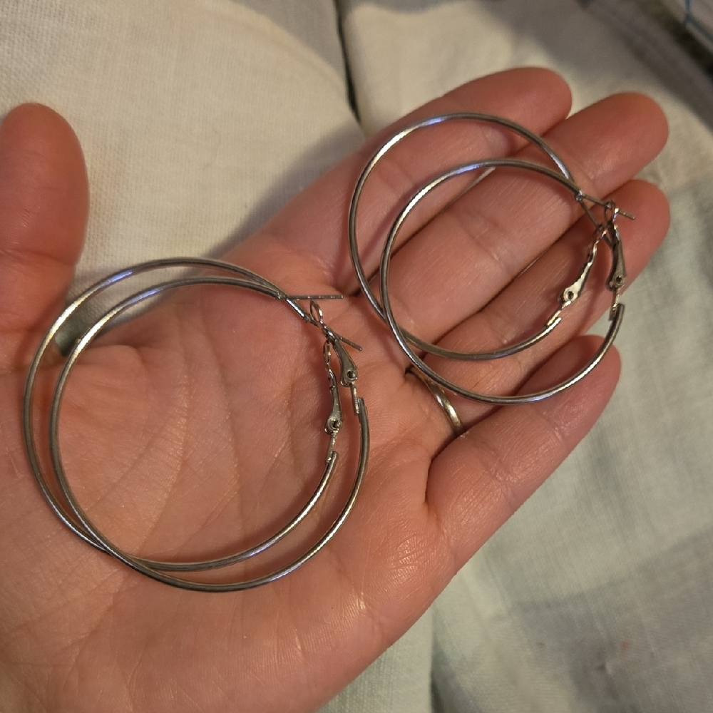 Silver Tone Hoop Earrings 2 Pairs